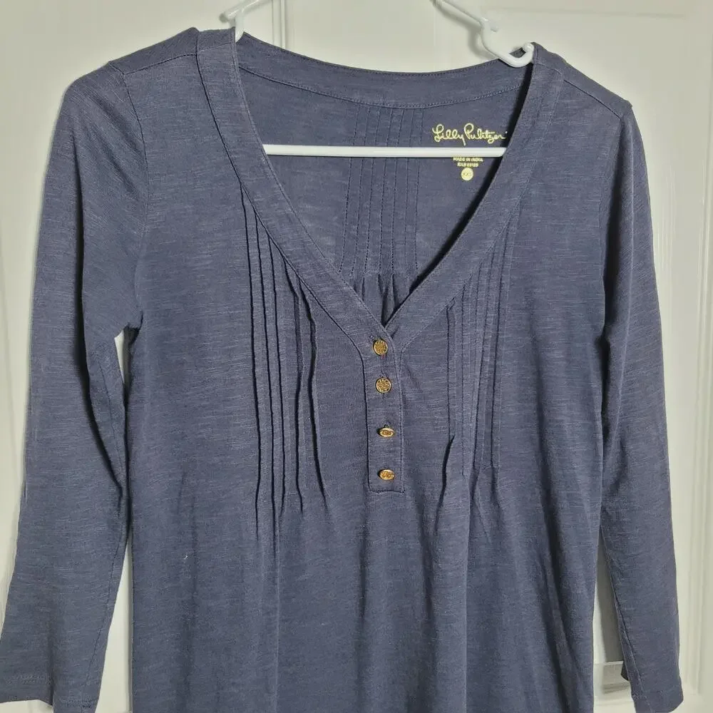 Lilly Pulitzer Dress XXS Amberly Navy Blue Pintuck Henley 3/4 Sleeve Modal Knit - Picture 2 of 11